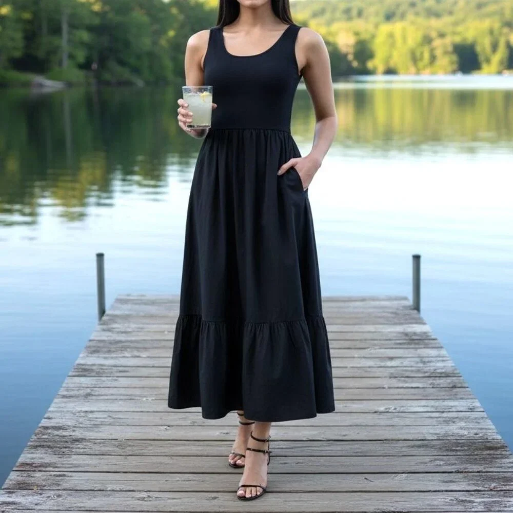 Steve Madden XL Maxi Dress Sleeveless Pockets Elastic Waist Ruffle Hem Cotton